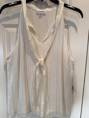 Calvin Klein NWT Sz Large Cream Tie-Neck Sleeveless Lined Sheer Top